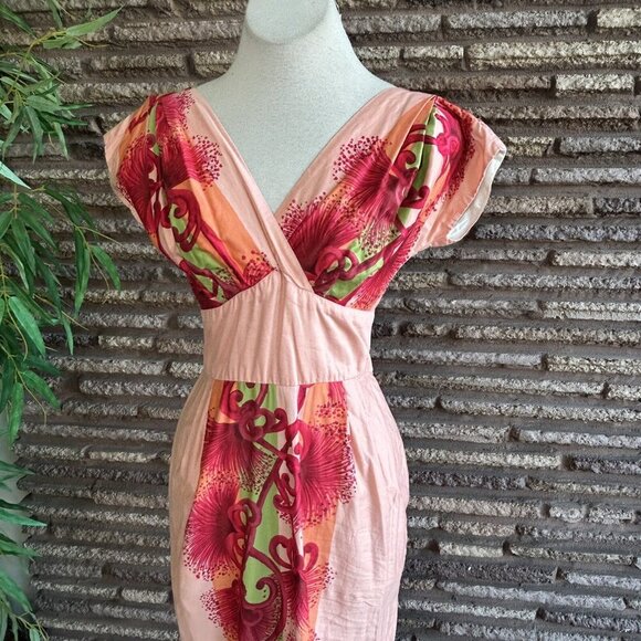 Vintage 60s Hawaiian Togs Peach Floral Tiki Hostess Maxi Empire Waist Dress - Picture 7 of 10